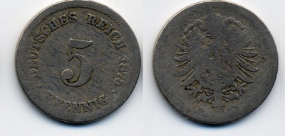 ГЕРМАНИЯ 5 ПФЕННИГОВ 1875 D, СТАРОГЕРБОВКА KM 3, J.3 медно-никель 46-367