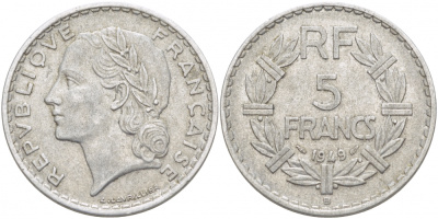 Франция 5 франков 1949 В, тип Лаврийе KM 888b.2, LE FRANC 339.19 алюминий 4403-315