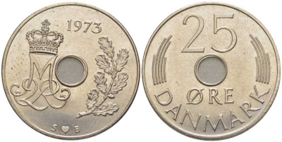 Дания 25 эре 1973 S; B, Маргрете II (1972- ) KM 861.1 медно-никель 202-743