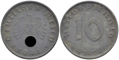 ГЕРМАНИЯ 10 РЕЙХСПФЕННИГОВ 1941 D KM 101, J. 371 цинк 4401-741