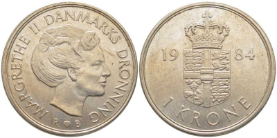 ДАНИЯ 1 КРОНА 1984 R;B, МАРГАРЕТЕ II (1972-) KM 862.3 медно-никель 113-921