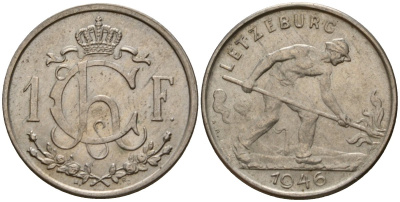 Люксембург 1 франк 1946 Шарлотта (1918-1964), сталевар KM 46.1 медно-никель 4603-1114