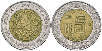 Мексика 5 новых песо 1993 Mo KM 552 биметалл 186-646