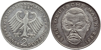 ФРГ 2 МАРКИ 1989 J, ЭРХАРД ЛЮДВИГ КМ 170 J.445 медно-никель плакированный никелем 80-1131