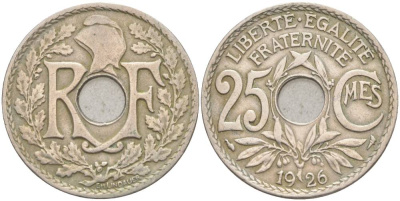 ФРАНЦИЯ 25 САНТИМОВ 1926 ТИП LINDAUER KM 867a, LE FRANC 171.10 медно-никель 55-152