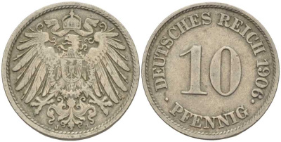 ГЕРМАНИЯ 10 ПФЕННИГОВ 1906 J KM 12, J. 13 медно-никель 34-925
