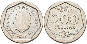 ИСПАНИЯ 200 ПЕСЕТ 1986 ХУАН КАРЛОС I (1975-) KM 829 медно-никель 106-343
