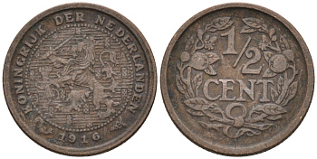Нидерланды 1/2 цента 1916 Вильгельмина (1890-1948) KM 138 бронза 4576-365