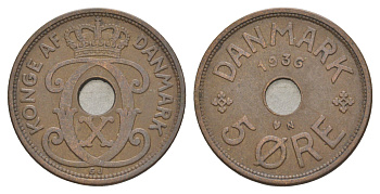 Дания 5 эре 1936 N, Кристиан X (1912-1947) KM 828 бронза 4638-626