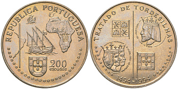 Португалия 200 эскудо 1994 500 лет с момента заключения Тордесильясского договора KM 671 медно-никель UNC 74-632