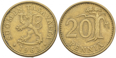 ФИНЛЯНДИЯ 20 ПЕННИ 1963 S ПЕРВЫЙ ГОД KM 47 алюминиевая бронза 3718-1153