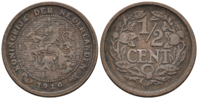 Нидерланды 1/2 цента 1916 Вильгельмина (1890-1948) KM 138 бронза 4576-365