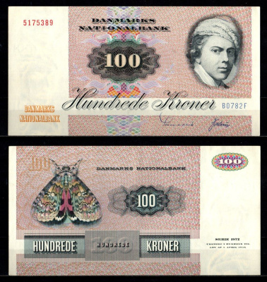 Дания 100 крон 1975 Йенс Юэль. Красная бабочка Pick 51 b бумага 451-1230-2