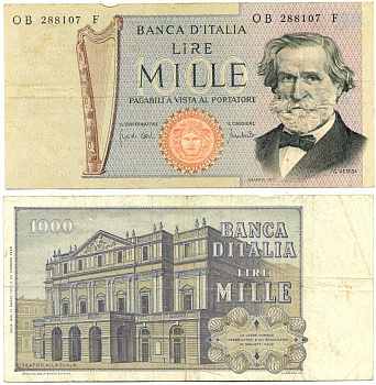 Италия 1000 лир 1969 Джузеппе Верди, Милин Ла Скала Pick 101а бумага 7551-13-3-2