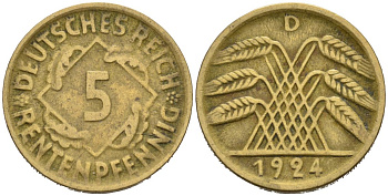 Германия 5 рентенпфеннигов 1924 D KM 32, J. 108 алюминиевая бронза 46-536