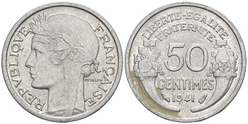 ФРАНЦИЯ 50 САНТИМОВ 1941 ТИП MORLON LOURDE KM 894.1a, LE FRANC 193.2 алюминий 44-163