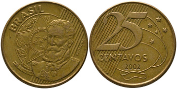 Бразилия 25 сентаво 2002 KM 650, Schon 158 сталь плакированная бронзой 4525-332