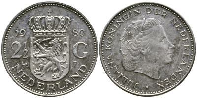 Нидерланды 2 1/2 гульдена 1980 Юлиана (1948-1980) KM 191 никель 4542-532