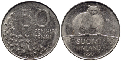 Финляндия 50 пенни 1990 M, полярный медведь KM 66 медно-никель 72-1155