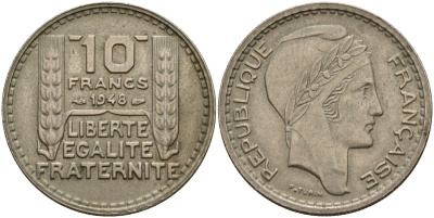 Франция 10 франков 1949 B, тип Пьер Турин, Grosse Tete KM 909.1, LE FRANC 362.3 медно-никель 4150-844