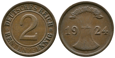 ГЕРМАНИЯ 2 РЕНТЕНПФЕННИГА 1924 E KM 31, J.307 бронза 86-1716