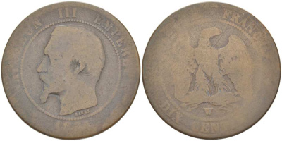 ФРАНЦИЯ 10 САНТИМОВ 1854 W, НАПОЛЕОН III (1852-1870) KM 771.7, LE FRANC 133.17 бронза 215-545
