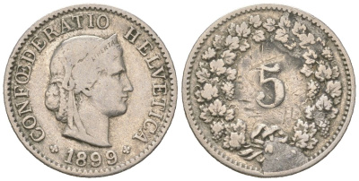Швейцария 5 раппенов 1899 B KM 26 медно-никель 4158-1138