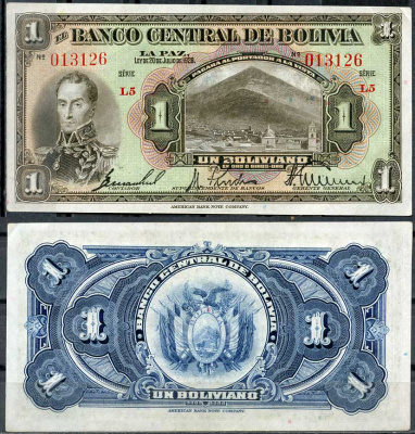 Боливия 1 боливиано 1928 серия L5, Симон Боливар, Потоси Pick 118 a (5-1)  бумага  aUNC 7217-67-3-1