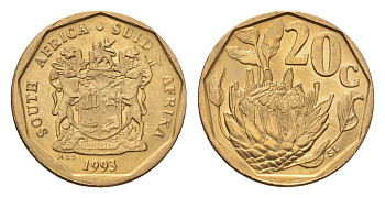 ЮАР 20 центов 1993 герб, цветок протея KM 136 сталь плакированная бронзой UNC 4694-826
