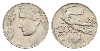 Италия 20 чентезимо 1921 R, Виктор Эммануил III (1900-1946) KM 44 никель 4705-568
