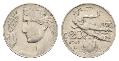 Италия 20 чентезимо 1921 R, Виктор Эммануил III (1900-1946) KM 44 никель 4705-568