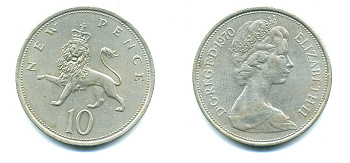 Великобритания 10 пенсов 1970 Елизавета II (1952-2022) KM 912, Spink 4231 (F1) медно-никель 4383-934