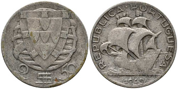 Португалия 2,50 эскудо 1943 парусник КМ 580 серебро 202-413