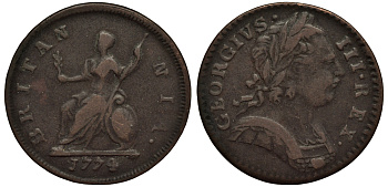 Великобритания 1 фартинг 1774 Георг III (1760-1820) KM 602, Spink 3775 медь 1523-1023