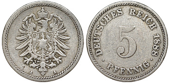Германия 5 пфеннигов 1888 A, старогербовка KM 3, J. 3 медно-никель 51-3854