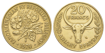 Мадагаскар 20 франков 1970 KM 12 алюминиевая бронза UNC 4622-1254