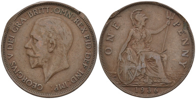 Великобритания 1 пенни 1936 Георг V (1910-1936) KM 838, Spink 4055 бронза 4112-743
