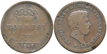ИТАЛИЯ, НЕАПОЛЬ И СИЦИЛИЯ 2 ТОРНЕЗИ 1848 ФЕРДИНАНД II (1830-1859) KM 145a медь 32-544