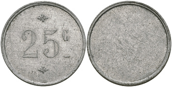 ФРАНЦИЯ 25 САНТИМОВ ND ПЛАТЕЖНЫЙ ЖЕТОН НАЧАЛА XX ВЕКА, ОДНОСТОРОННИЙ ЧЕКАН, ЦИФРЫ НОМИНАЛА 8 ММ., ДИАМЕТР 24 ММ. алюминий 98-941