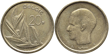 БЕЛЬГИЯ 20 ФРАНКОВ 1981 BELGIE KM 160 никель бронза 75-1753