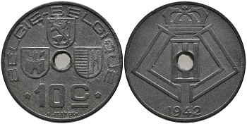 БЕЛЬГИЯ 10 САНТИМОВ 1942 BELGIE-BELGIQUE, ГЕРМАНСКАЯ ОККУПАЦИЯ, ВТОРАЯ МИРОВАЯ ВОЙНА KM 126 цинк 179-923