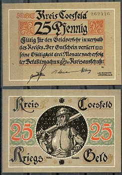 Германия, Косфельд 25 пфеннигов 1918 нотгельд, 6 цифр в номере Tieste 1185.05.01 бумага UNC (пресс) 444-76-1-1