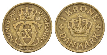Дания 1 крона 1925 HCN, Кристиан X (1912-1947) KM 824 алюминиевая бронза 4657-334