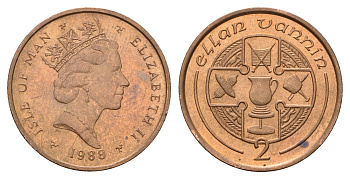 Остров Мэн 2 пенса 1988 Елизавета II (1952-2022) KM 208 бронза UNC 4121-1115