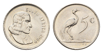 ЮАР 5 центов 1969 Ян ван Рибек (1619-1677), South Africa, легенда на англинском, райский журавль KM 67.1 медно-никель UNC 4643-142