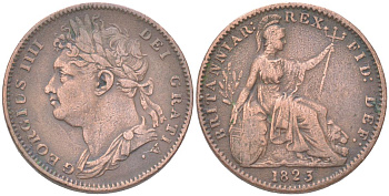 Великобритания 1 фартинг 1823 Георг IV (1820-1830) KM 677, Spink 3822 медь 4613-355