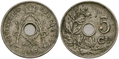 Бельгия 5 сантимов 1927 Belgie KM 67 медно-никель 4136-517
