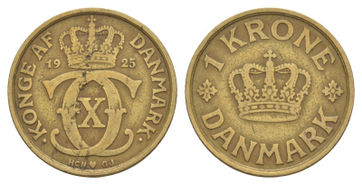 Дания 1 крона 1925 HCN, Кристиан X (1912-1947) KM 824 алюминиевая бронза 4657-334