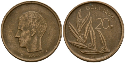 Бельгия 20 франков 1981 Belgique, Бодуэн I (1951-1993) KM 159 никель бронза 4601-342