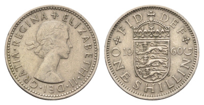 Великобритания 1 шиллинг 1960 Елизавета II (1952-2022), Английский герб KM 904, Spink 4147 медно-никель 4635-356